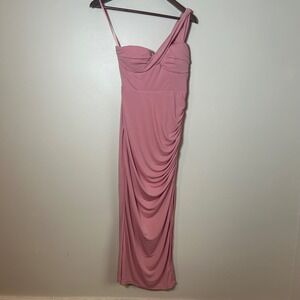 NWTHere Comes The Sun Maxi Dress Women Small Blush Pink One Shoulder Ruched Slit